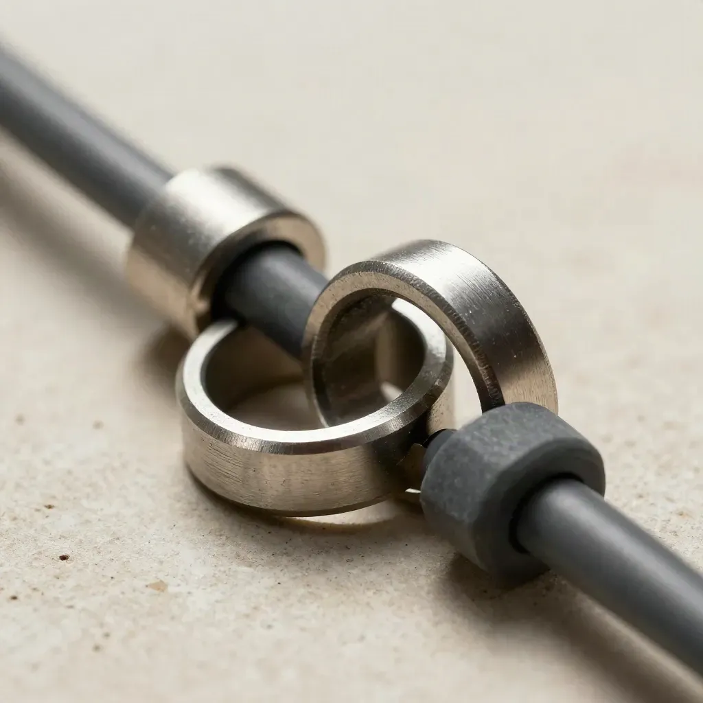 Top-down macro of machined rings, rubber grommet, and cable joiner on limestone.
