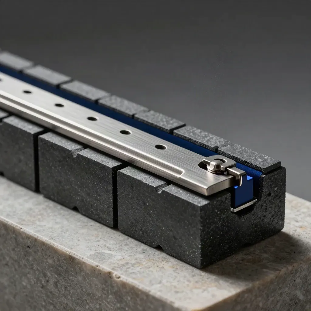 Graphite blocks bridged by steel and a spring clip on a limestone plinth.