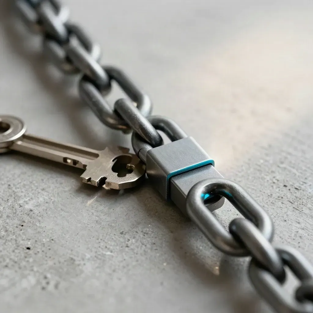 Macro of linked metal parts on concrete, lit from the side with a faint cyan accent.