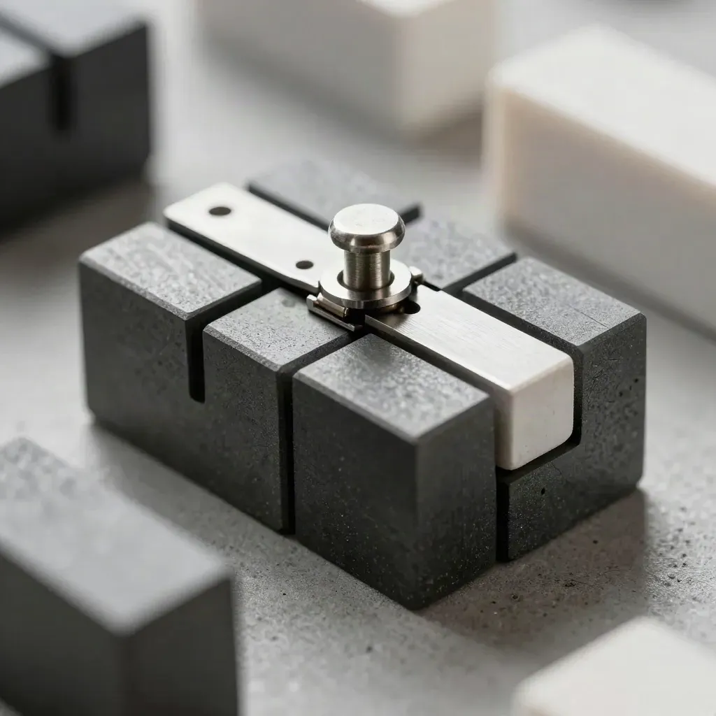 Overhead macro of graphite blocks, hinge pin, and white alignment cube on cool concrete.