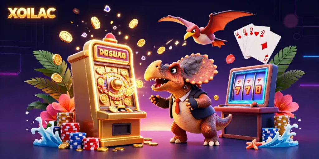Experience XOILAC action with a pachycephalosaurus hitting a slot machine, coins flying everywhere!