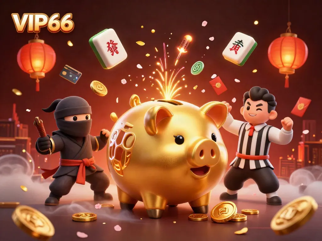 Engage in thrilling gameplay with VIP66 featuring a golden piggy bank sumo wrestler and dynamic casino elements.