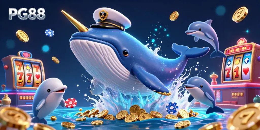 Experience PG88's vibrant casino world with a cartoon whale and playful dolphins amidst gold coins.