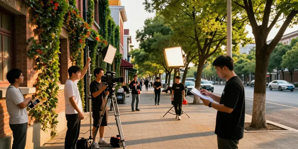 Locaties voor filmen in een stedelijke omgeving met filmcrew en historische gebouwen.
