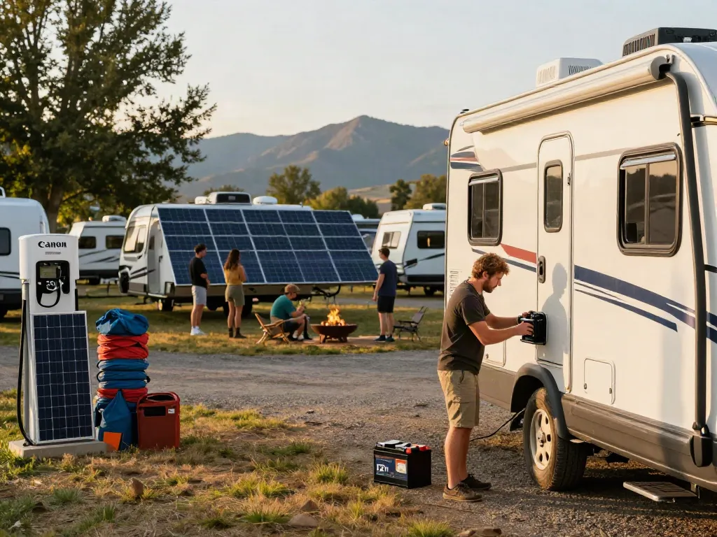 Individual installing a 12v lithium battery into an RV at a scenic campsite.