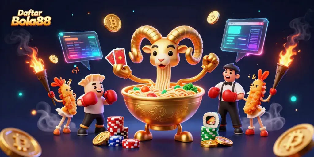Engaging scene of Daftar Bola88 featuring a gold ramen bowl character creating a vibrant casino atmosphere.