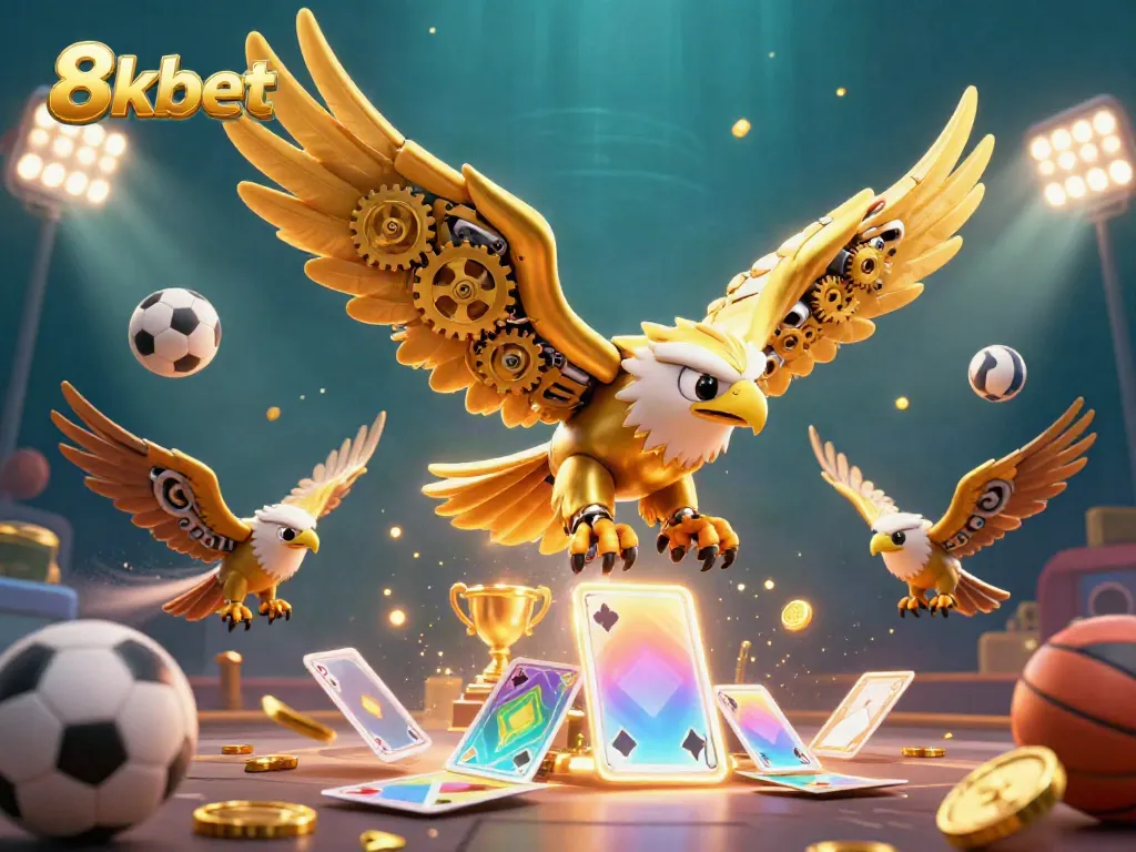 Experience the thrilling world of 8xbet with a cybernetic eagle soaring through holographic cards and vibrant sports elements.