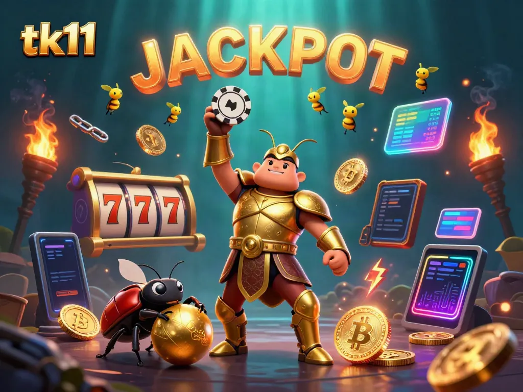 tk11 celebration scene with a cartoon beetle in armor triumphantly holding a poker chip.