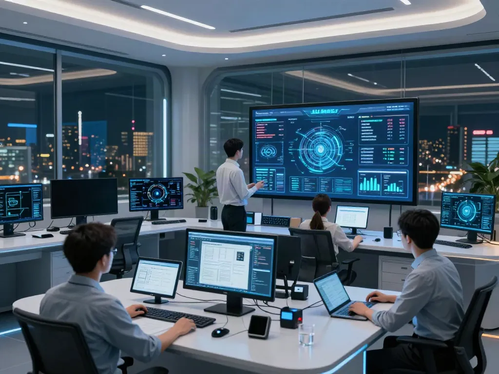 AI infrastructure control room with professionals engaging in real-time data analysis.