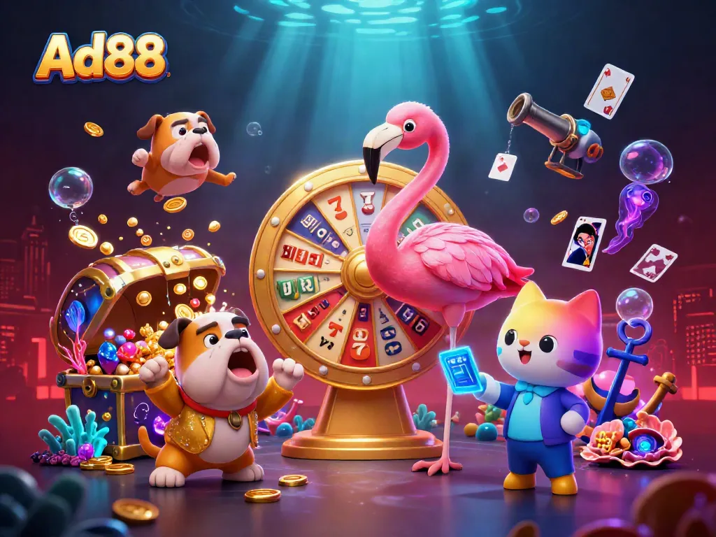 Experience thrilling moments at Ad88 with exciting game show hosts and vibrant gambling elements.