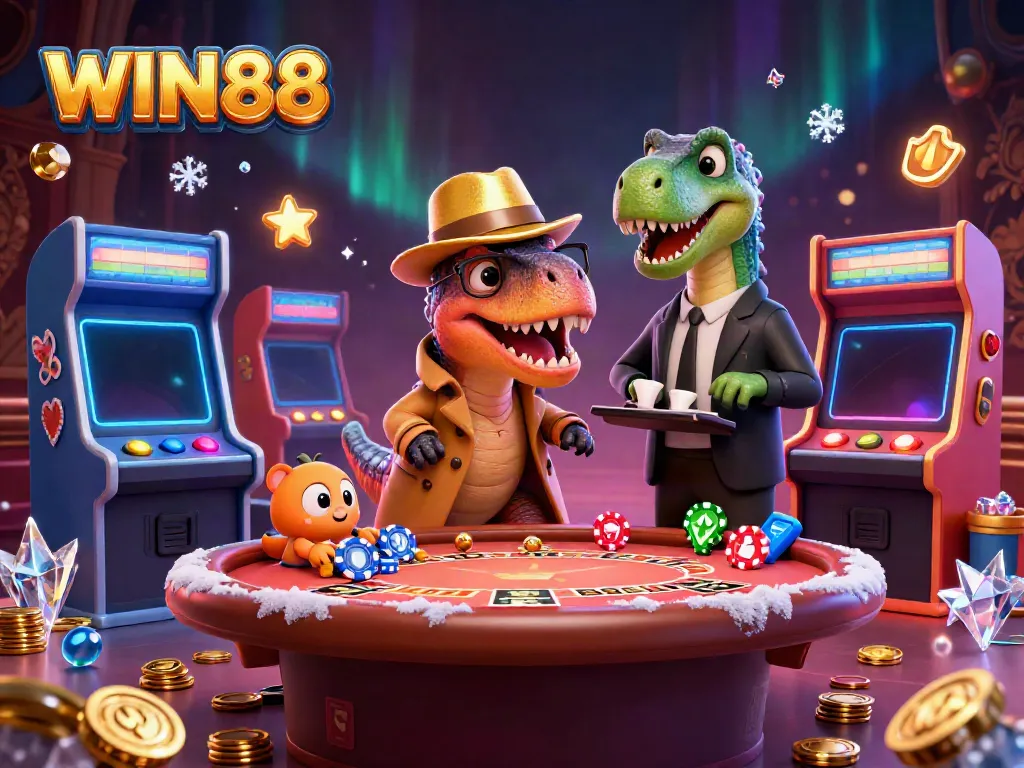 Experience WIN88 excitement with a velociraptor card counter at a lively blackjack table amidst colorful arcade elements.