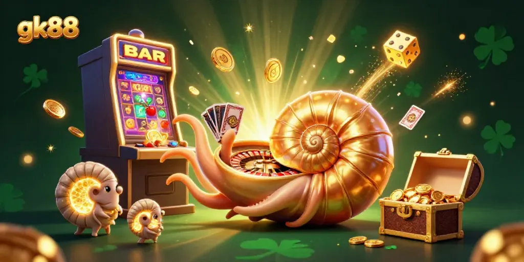 Experience excitement at gk88 with a vibrant casino scene featuring a giant nautilus and winning slot machine action.