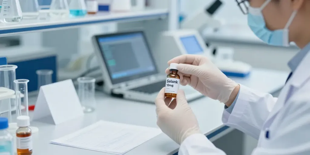 Selank 10mg research compounds displayed in a modern lab for scientific study.
