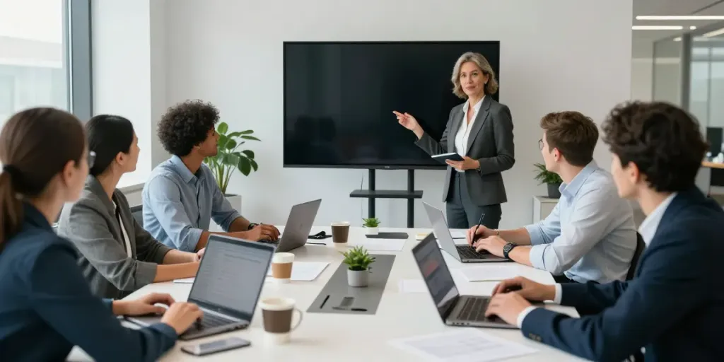 Professionals checking a company in Ireland during a collaborative meeting.