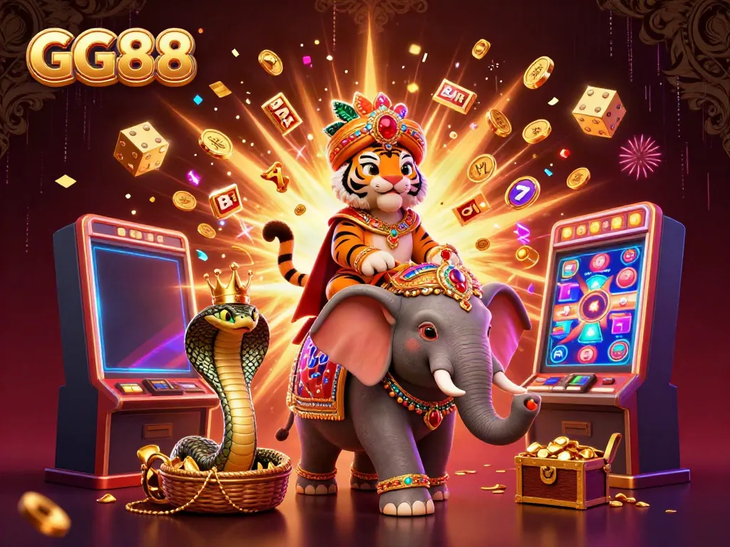 Experience the excitement of GG88 with a vivid 3D illustration showing a tiger maharaja on an elephant among lively casino elements.