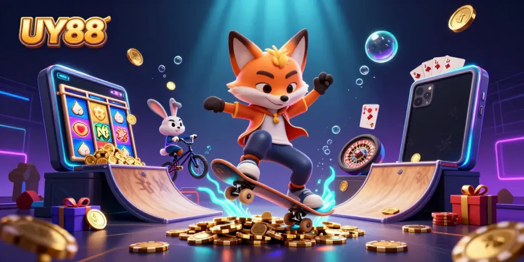 Experience thrilling gameplay at UY88, featuring a dynamic casino scene with cartoon fox and rabbit.