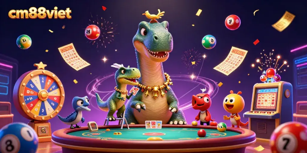 Experience the excitement of gambling with cm88viet, featuring a whimsical brontosaurus and vibrant casino elements.