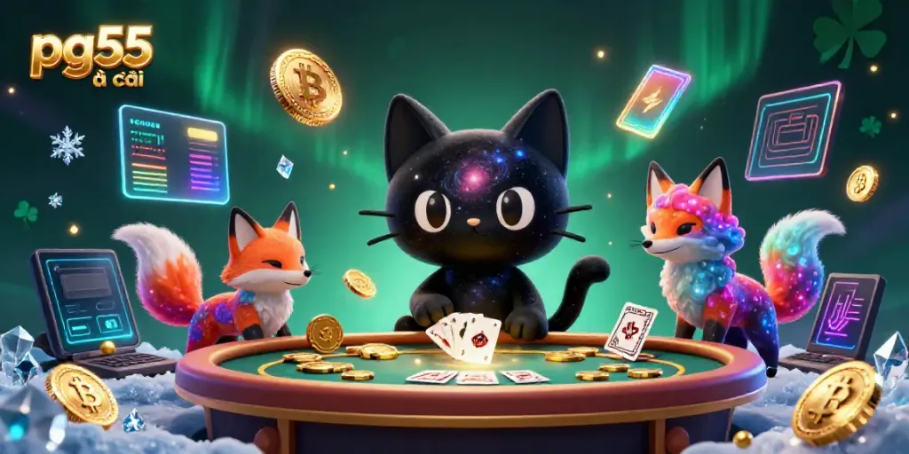 Engaging pg55 nhà cái gaming scene featuring a cosmic cat and nebula fox amidst vibrant casino elements.
