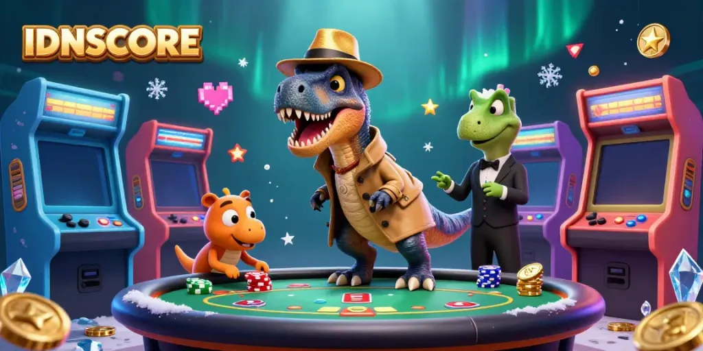 Experience thrilling blackjack action with IDNSCORE featuring a velociraptor card counter under watchful eyes.