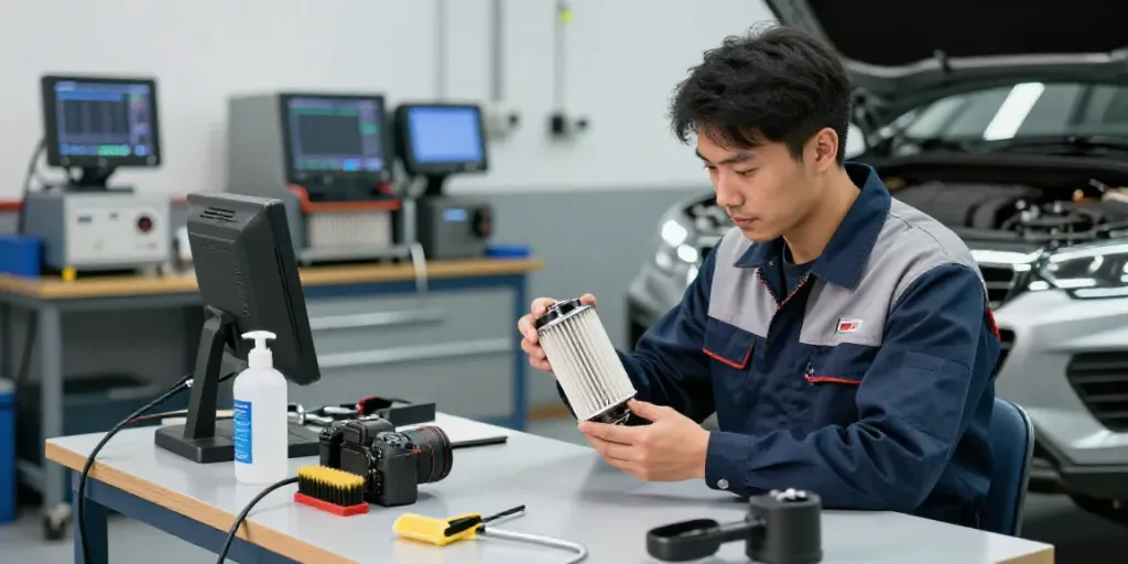 Expert mechanic dpf reinigen in a modern automotive workshop with cleaning tools.