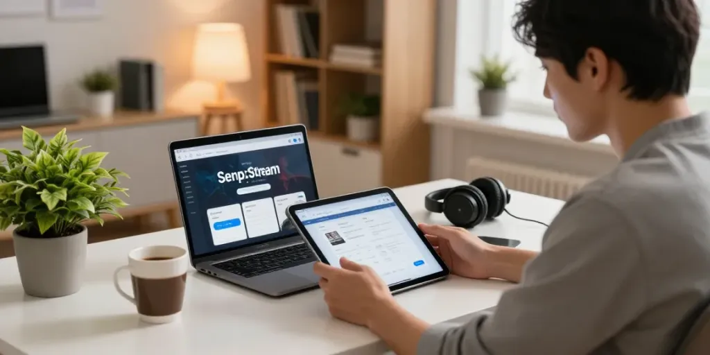 Personne utilisant Senpai Stream APK Pour iOS sur un iPad dans un espace de travail moderne.