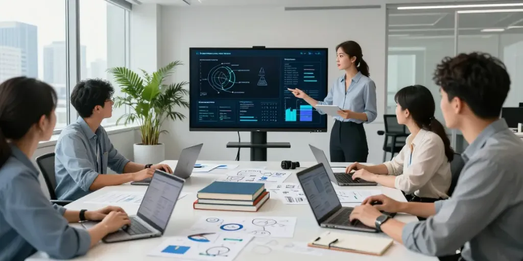 Team collaboration on Enterprise AI strategies in a modern office setting.