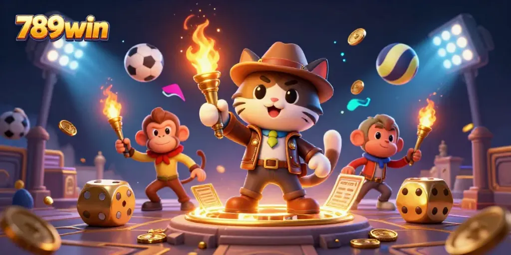 Engaging scene with 789win branding as the explorer cat and monkey discover casino treasures amidst flying sports elements.
