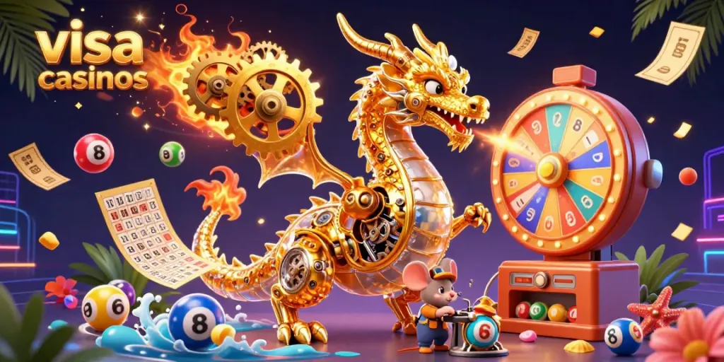 Experience the thrill of visa casinos with an animated golden dragon and vibrant gaming elements.
