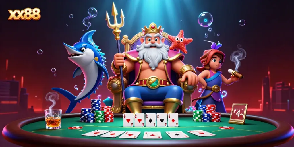 Experience thrilling gameplay at xx88 with Neptune and a vibrant casino scene featuring poker elements.