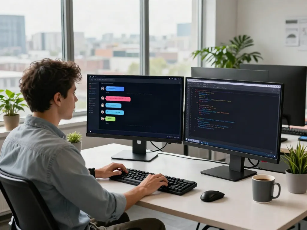 Developer interacting with an unfiltered AI chat platform in a modern tech workspace.
