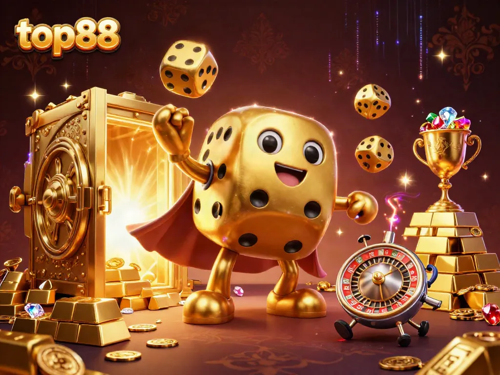 Engage in thrilling casino adventures with top88 featuring a dynamic 3D illustration of a golden dice golem juggling and surrounded by treasures.