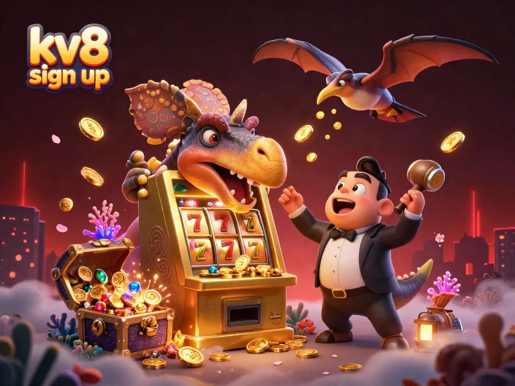 kv8 sign up with a playful scene of dinosaurs celebrating a jackpot win at a casino.