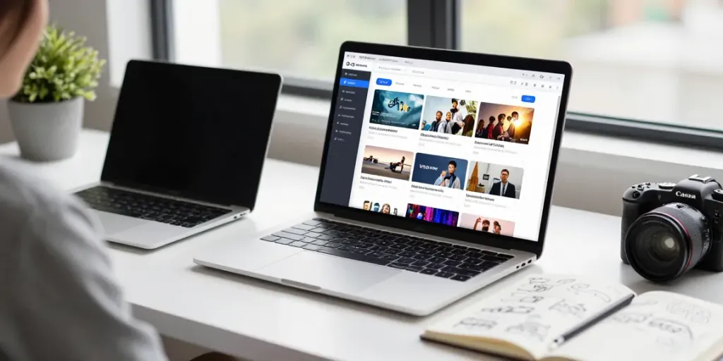 Modern workspace featuring a laptop displaying 인기 링크사이트 with social media notifications, notebooks, and natural light.