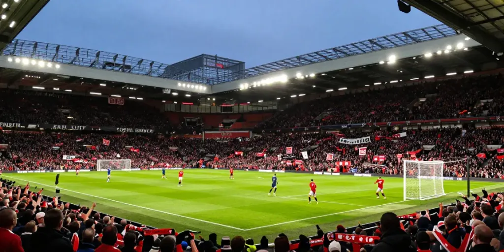 แมนยู vs ลิเวอร์พูล 10 นัดล่าสุด intense stadium scene featuring players in action and cheering fans.