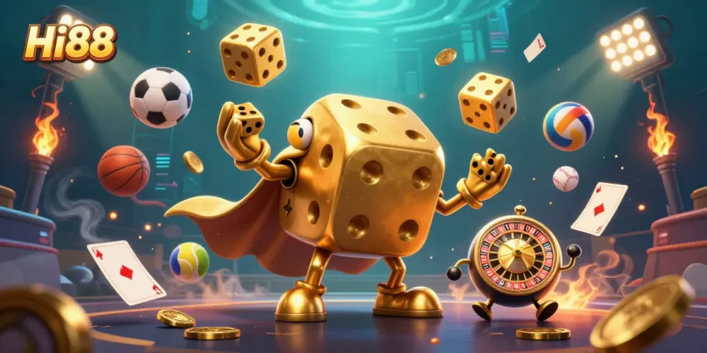 Join the excitement at Hi88 with a golden dice golem and thrilling casino elements.