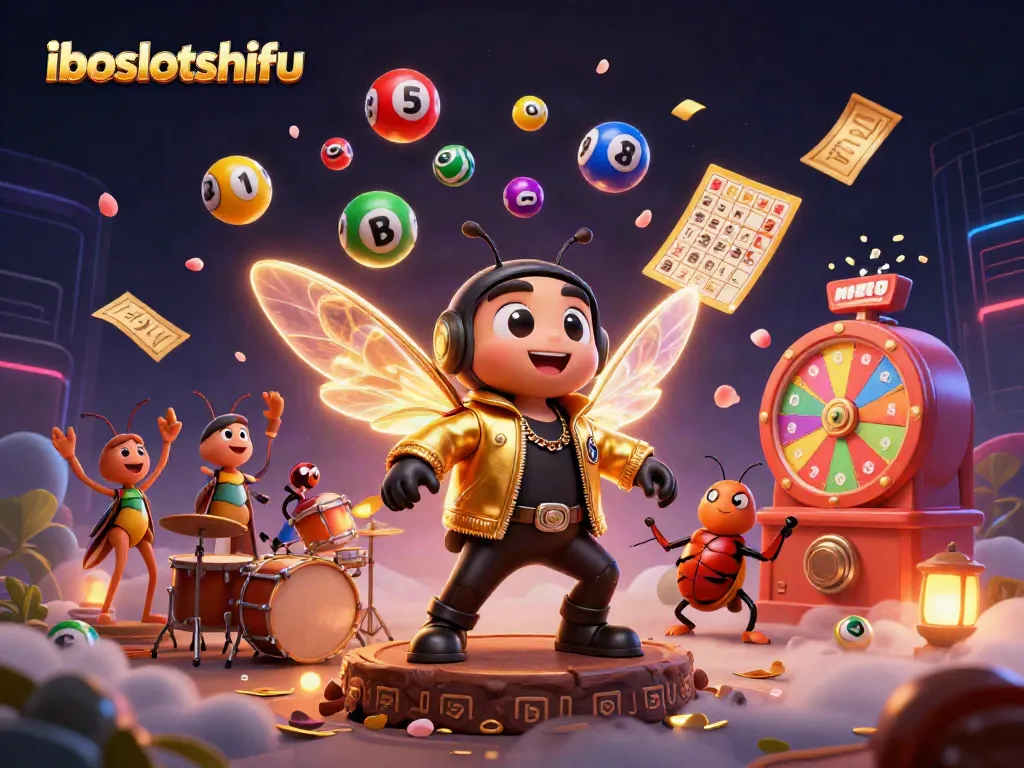 Engaging scene at iboslotshifu featuring a rock star cicada and vibrant lottery elements.