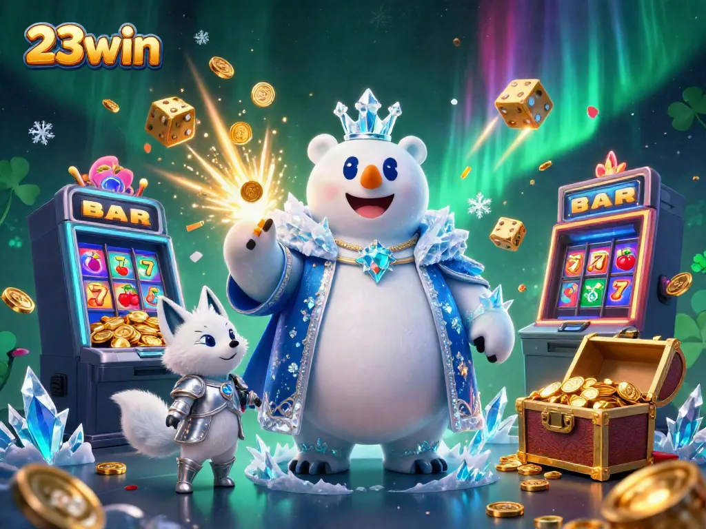Experience the thrill of 23win with an explosion of casino excitement, featuring iconic elements like slot machines and vibrant game symbols.