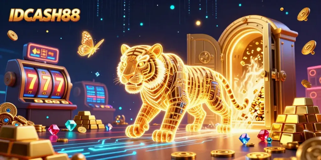 Experience thrilling gameplay with IDCASH88 in a vibrant casino scene featuring a golden tiger and sparkling treasures.