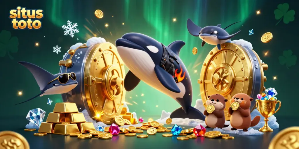 Experience excitement at situs toto with an orca in a leather jacket, stingray, and otters surrounded by gold!