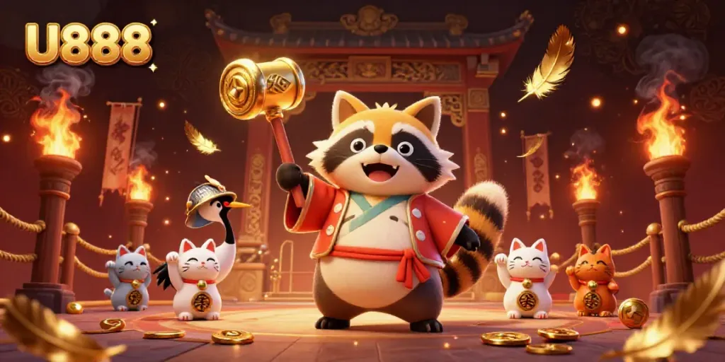 U888 offers thrilling gaming with tanuki and crane in a vibrant casino scene.