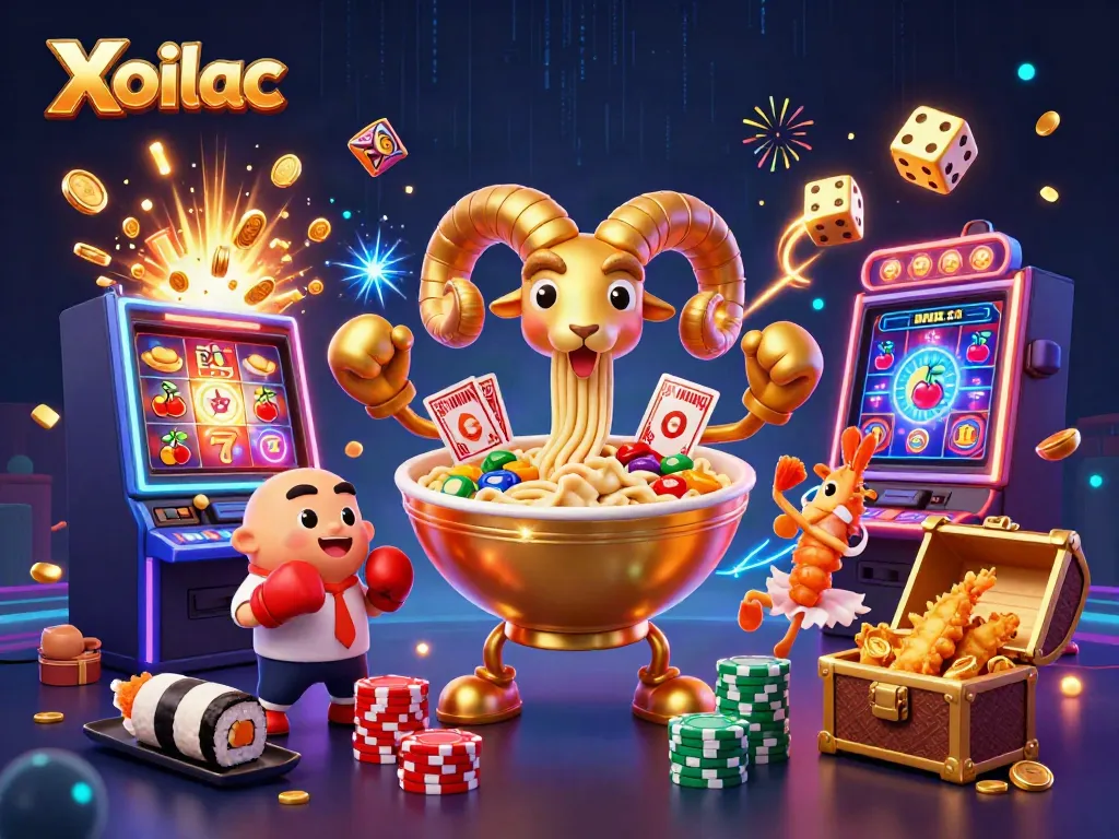 Xoilac offers an animated scene of lively casino elements, showcasing excitement and energy in gambling.