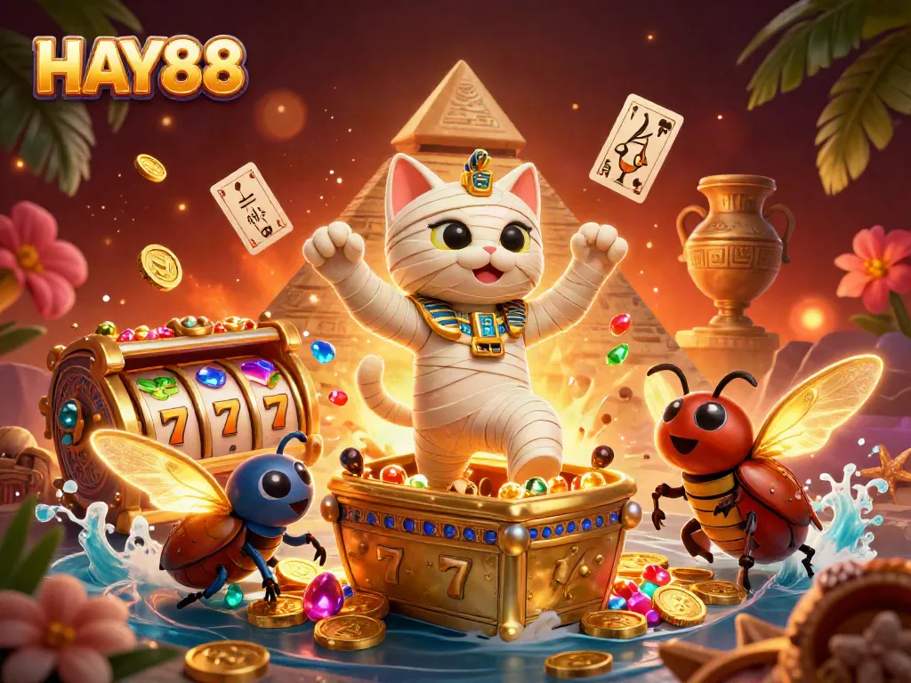 Engage with HAY88, exploring an exhilarating 3D illustration featuring a mummy cat amidst vibrant casino elements.