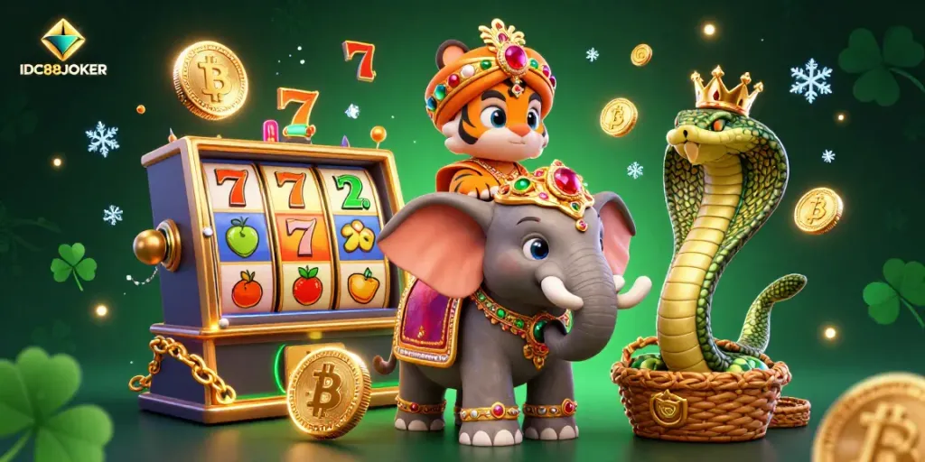 Experience the excitement of IDC88JOKER with a colorful illustration of a maharaja riding an elephant amidst floating gaming elements.