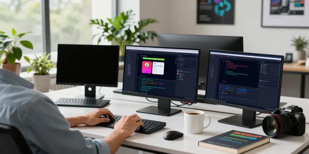 Technology workspace featuring Acknosoft developer coding Android apps with multiple monitors and modern decor.