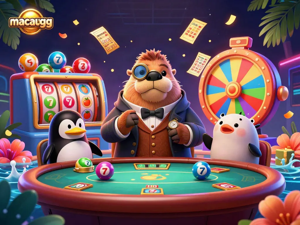 Play at macaugg's vibrant underwater casino with a walrus, penguin dealer, and pufferfish among colorful games.