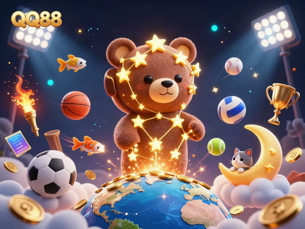 Engage with QQ88's vibrant casino world featuring a constellation bear collecting gold coins amid joyful sports betting elements.