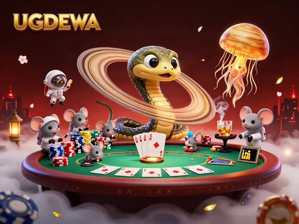 Experience thrilling bets with UGDEWA as astronauts gamble on a roulette planet, surrounded by vibrant casino elements.