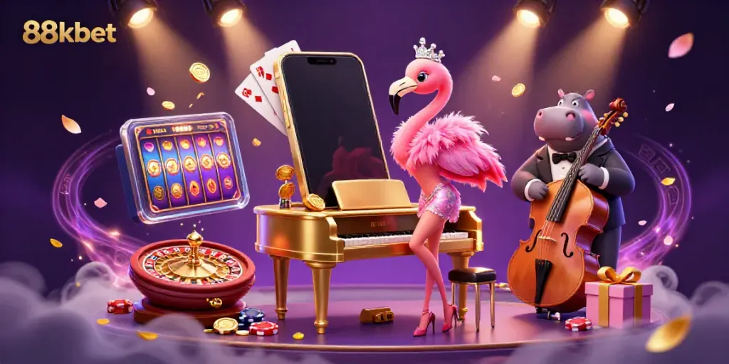 Engage with 88kbet's vibrant gaming experience featuring a cartoon flamingo singer and casino elements.