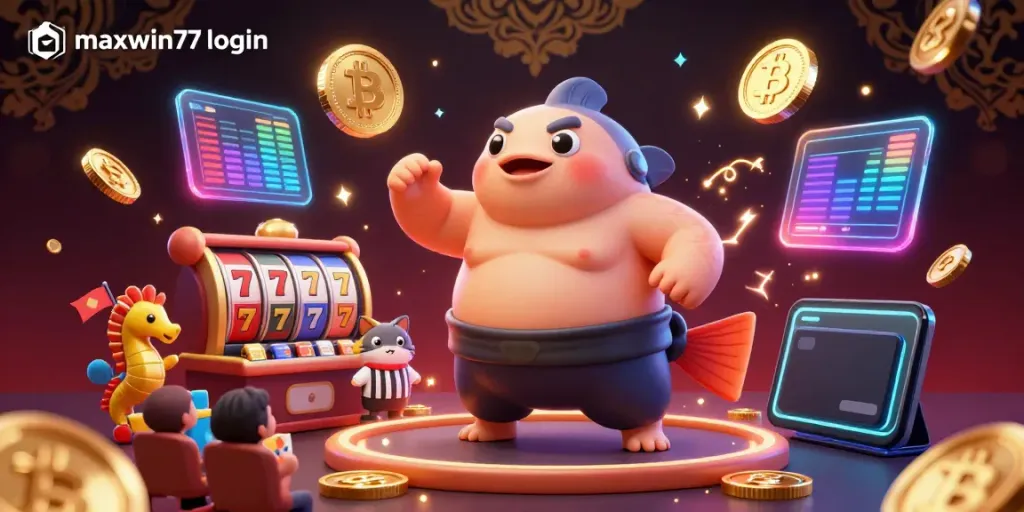 Engage with maxwin77 login through a vibrant underwater casino illustration featuring dynamic gaming and crypto elements.