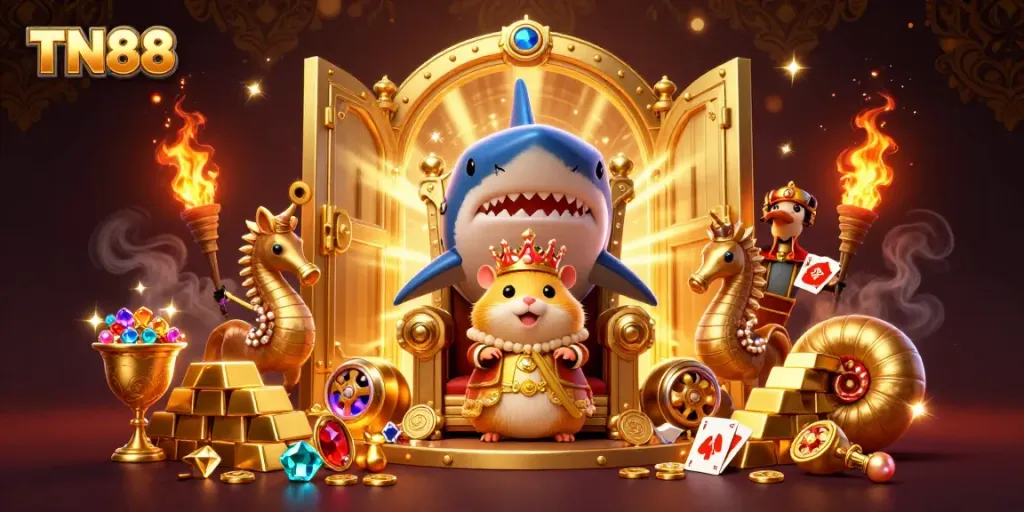 Experience exhilarating TN88 casino action with a golden hamster king amidst treasure.
